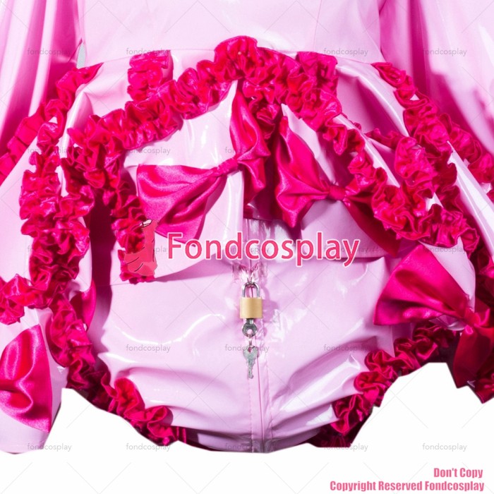 fondcosplay adult cross dressing sissy maid baby pink thin pvc dress lockable jumpsuits rompers heart hood CD/TV[G3791]