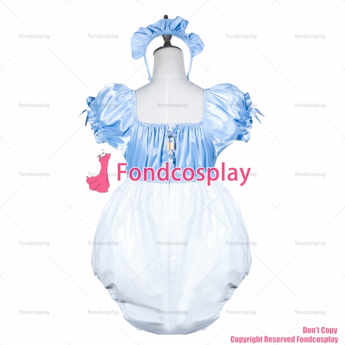 fondcosplay adult sexy cross dressing sissy maid baby blue white satin thin pvc lockable Uniform jumpsuits rompers CD/TV[G3800]