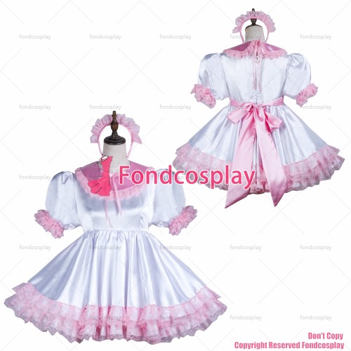 fondcosplay adult sexy cross dressing sissy maid short white satin dress lockable Uniform CD/TV[G3745]