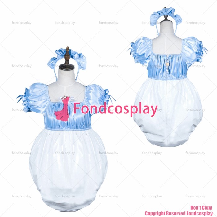 fondcosplay adult sexy cross dressing sissy maid baby blue white satin thin pvc lockable Uniform jumpsuits rompers CD/TV[G3800]