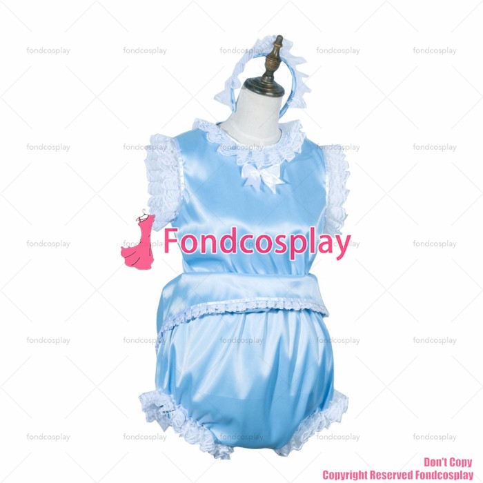 fondcosplay adult sexy cross dressing sissy maid short baby blue satin jumpsuits rompers lockable Uniform CD/TV[G3768]