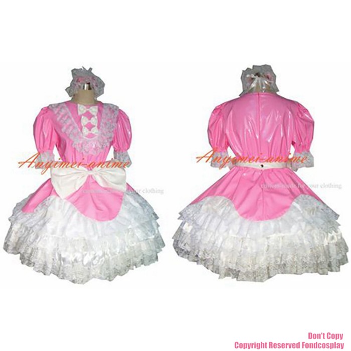 fondcosplay adult sexy cross dressing sissy maid short thin Pvc Dress Pink Lockable white lace Uniform Costume CD/TV[G356]