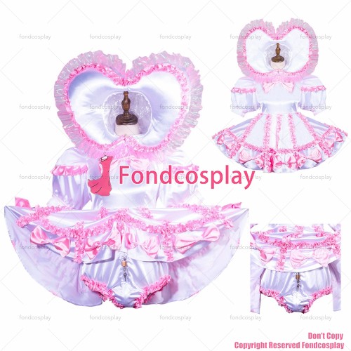 fondcosplay adult sexy cross dressing sissy maid white satin dress lockable heart hood jumpsuits rompers CD/TV[G3759]