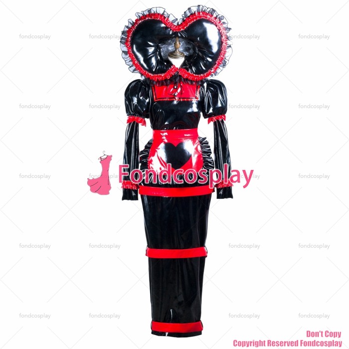 fondcosplay adult cross dressing sissy maid long black heavy pvc dress lockable Heart hood jumpsuits rompers CD/TV[G3741]