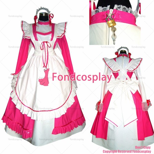 fondcosplay adult sexy cross dressing sissy maid long Hot Pink thin Pvc Dress Lockable Uniform white apron CD/TV[G329]