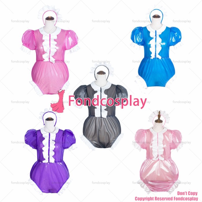 fondcosplay adult cross dressing sissy maid baby pink clear pvc jumpsuits rompers lockable Peter Pan collar CD/TV[G3781]