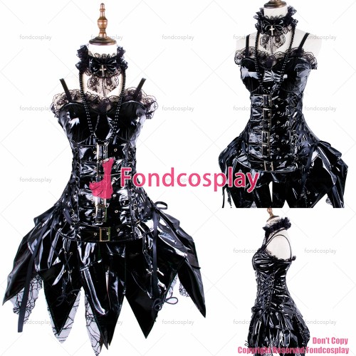 fondcosplay tripp Fashion Hiphop sexy cross dressing sissy maid Gothic Lolita Punk Black thin Pvc Outfit Dress CD/TV[G368]