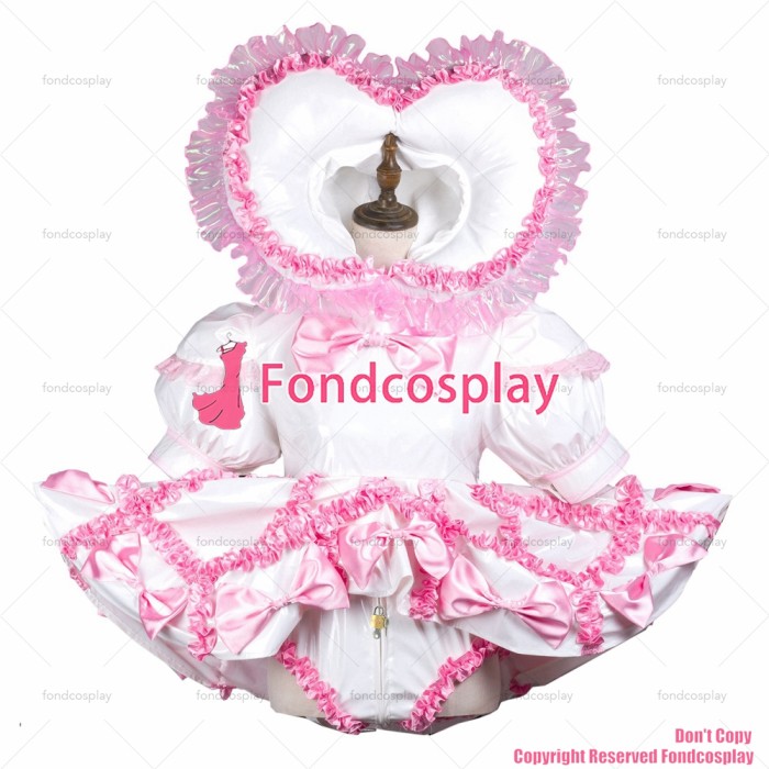 fondcosplay adult sexy cross dressing sissy maid white thin pvc dress lockable Heart hood jumpsuits rompers CD/TV[G3704]