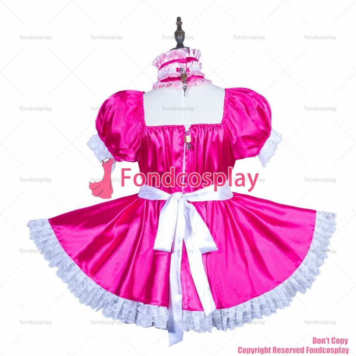 fondcosplay adult sexy cross dressing sissy maid hot pink satin dress lockable Uniform jumpsuits rompers CD/TV[G3749]