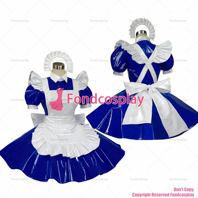 fondcosplay adult sexy cross dressing sissy maid short heavy blue PVC dress lockable Uniform white apron CD/TV[G312]
