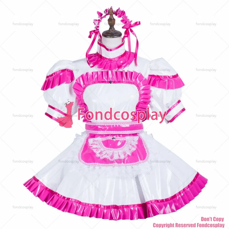 fondcosplay adult sexy cross dressing sissy maid short white thin pvc dress lockable Uniform hot pink apron CD/TV[G3709]