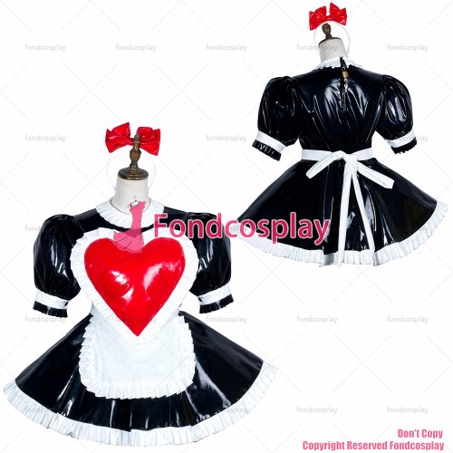 fondcosplay adult sexy cross dressing sissy maid black heavy pvc Heart dress lockable Uniform white apron CD/TV[G3750]