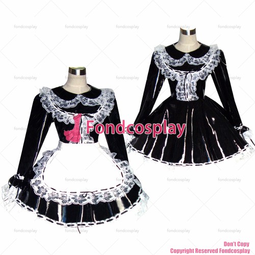 fondcosplay adult sexy cross dressing sissy maid heavy Black Pvc Dress Lockable Uniform white apron Costume CD/TV[G349]