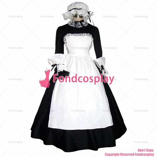 fondcosplay adult sexy cross dressing sissy maid black Cotton dress lockable Uniform white apron headpiece CD/TV[G299]