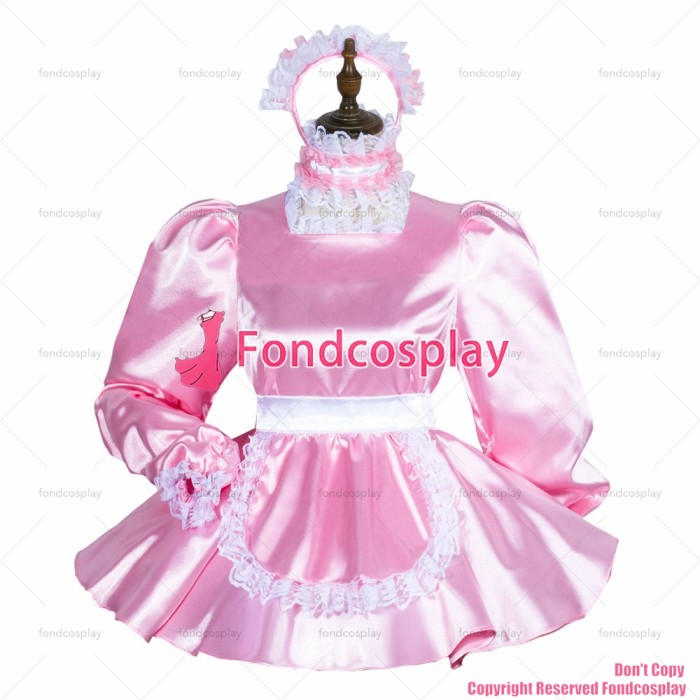 fondcosplay adult sexy cross dressing sissy maid short baby pink satin dress lockable Uniform apron costume CD/TV[G3762]
