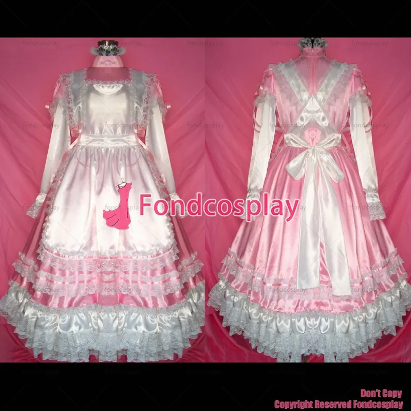 fondcosplay adult sexy cross dressing sissy maid long Pink Satin Dress Lockable Uniform white apron Costume CD/TV[G327]