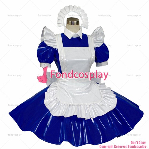 fondcosplay adult sexy cross dressing sissy maid short heavy blue PVC dress lockable Uniform white apron CD/TV[G312]