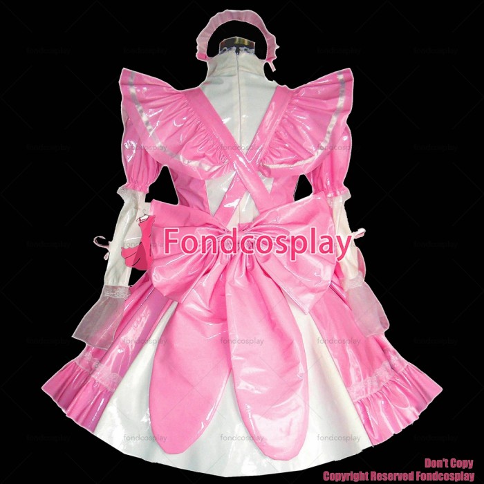 fondcosplay adult sexy cross dressing sissy maid short thin Pink Pvc Dress Lockable Uniform apron Costume CD/TV[G318]