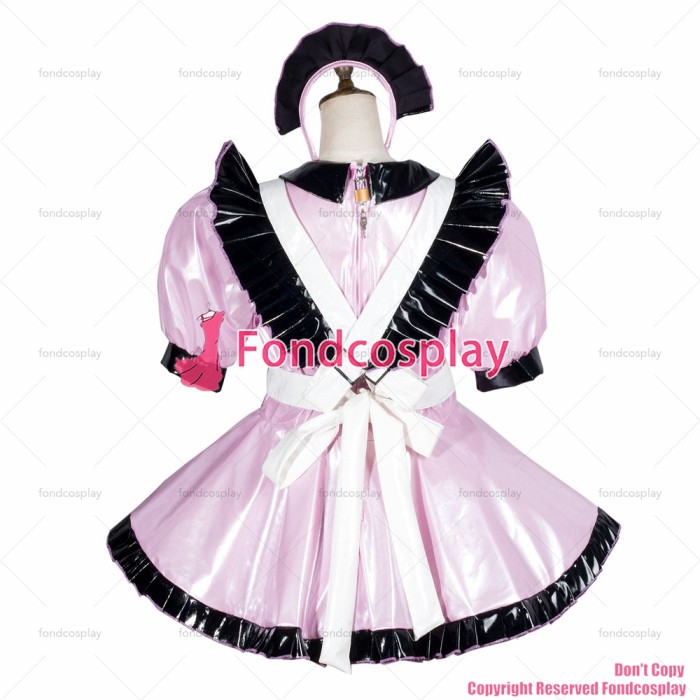 fondcosplay adult sexy cross dressing sissy maid baby pink thin pvc dress lockable Uniform white apron costume CD/TV[G3778]