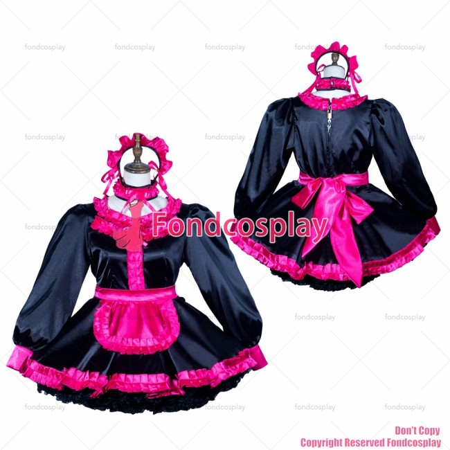fondcosplay adult sexy cross dressing sissy maid black satin dress lockable Uniform hot pink apron costume CD/TV[G3798]