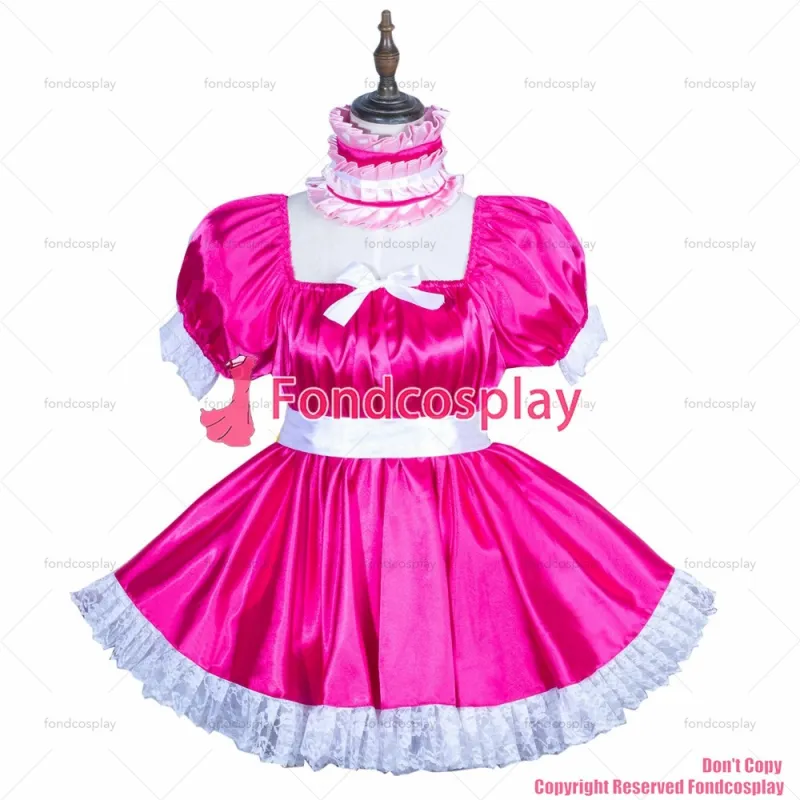 fondcosplay adult sexy cross dressing sissy maid hot pink satin dress lockable Uniform jumpsuits rompers CD/TV[G3749]