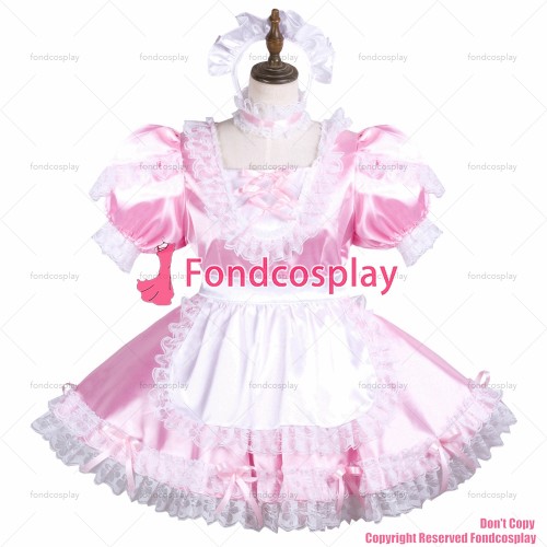 fondcosplay adult sexy cross dressing sissy maid baby pink satin dress lockable Uniform white apron costume CD/TV[G3739]
