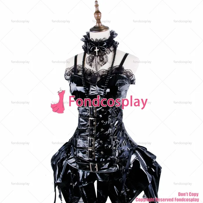 fondcosplay tripp Fashion Hiphop sexy cross dressing sissy maid Gothic Lolita Punk Black thin Pvc Outfit Dress CD/TV[G368]