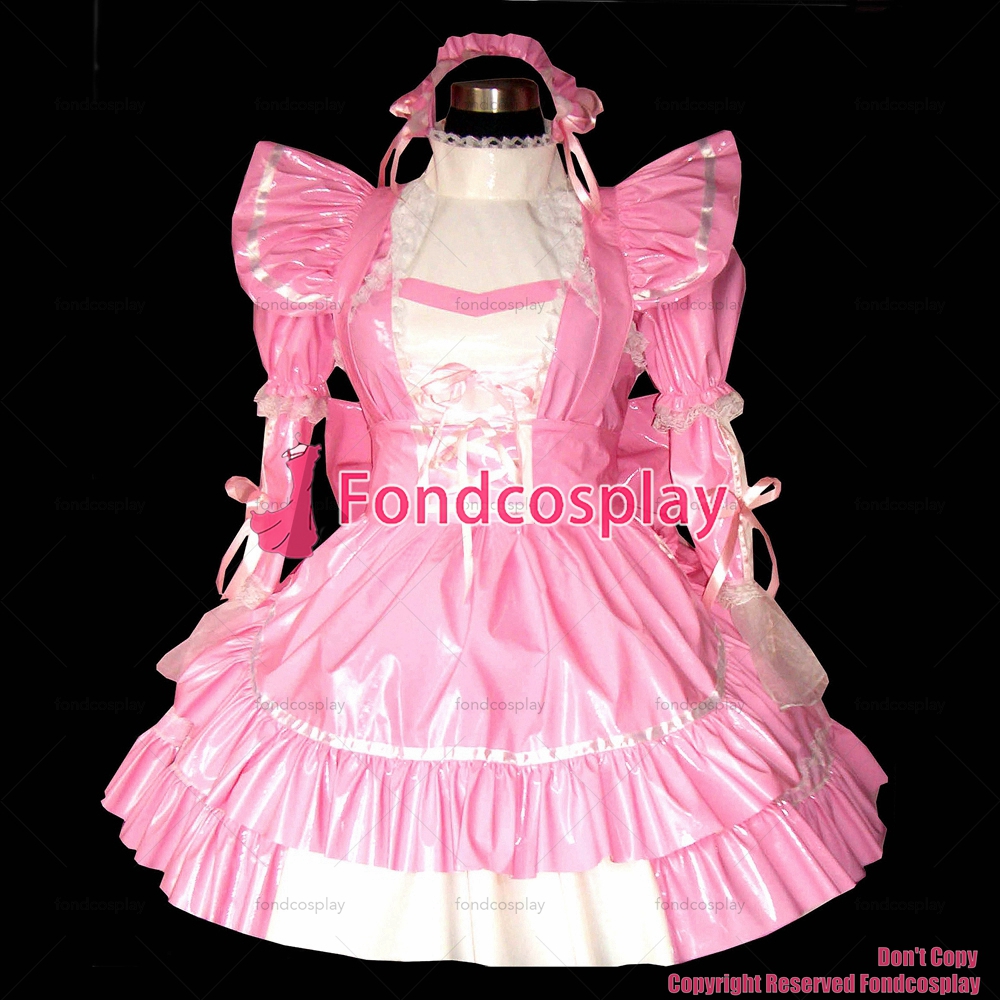 Fondcosplay Adult Sexy Cross Dressing Sissy Maid Short Thin Pink Pvc Dress Lockable Uniform 