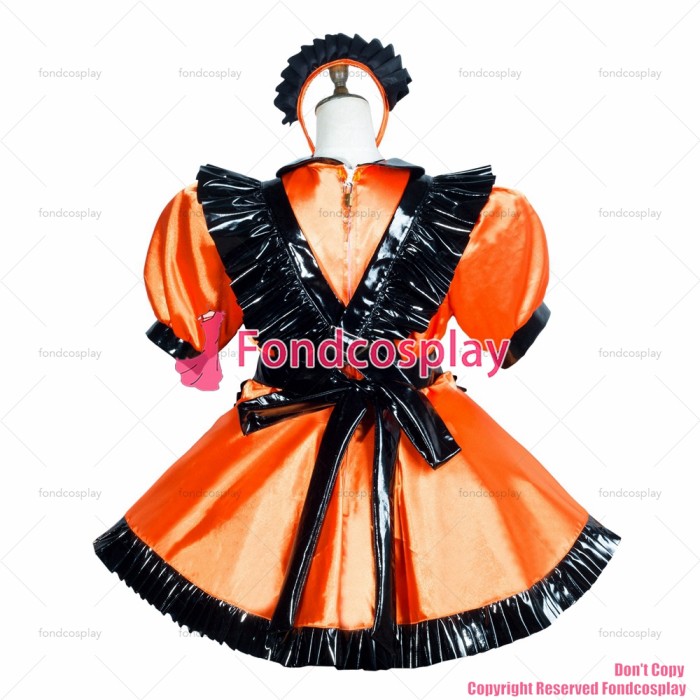 fondcosplay adult sexy cross dressing sissy maid short Orange satin dress black pvc apron lockable Uniform CD/TV[G3769]