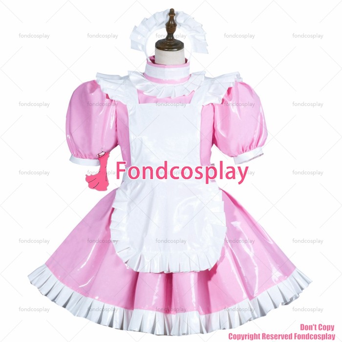 fondcosplay adult sexy cross dressing sissy maid baby pink heavy pvc dress lockable Uniform white apron CD/TV[G3774]