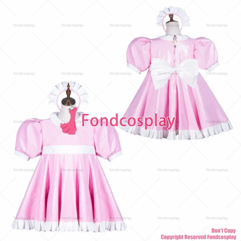 fondcosplay adult sexy cross dressing sissy maid baby pink heavy pvc dress lockable Uniform white big Bow CD/TV[G3763]
