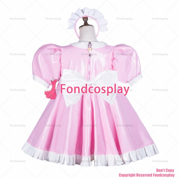 fondcosplay adult sexy cross dressing sissy maid baby pink heavy pvc dress lockable Uniform white big Bow CD/TV[G3763]