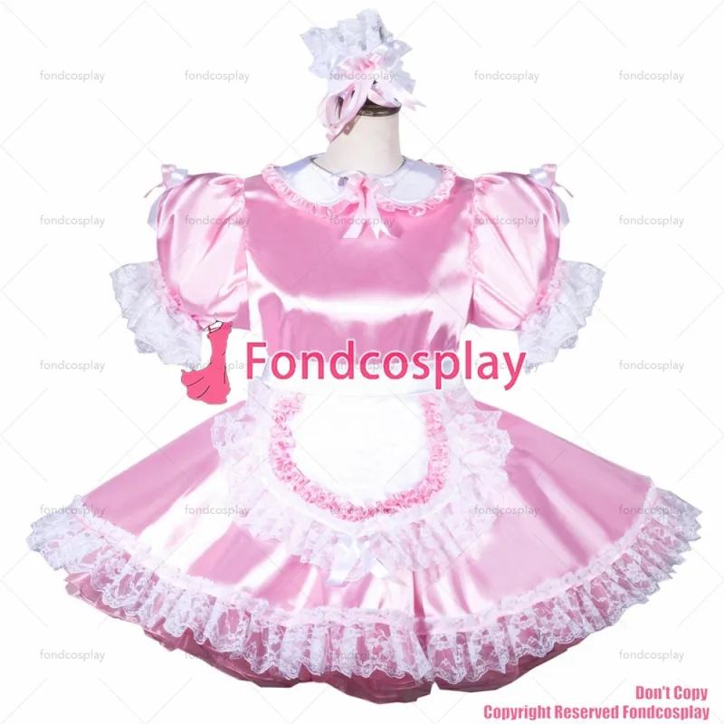 fondcosplay adult sexy cross dressing sissy maid baby pink satin dress lockable white apron Peter Pan collar CD/TV[G3793]