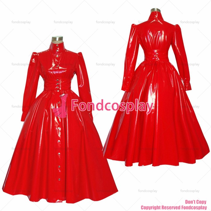 fondcosplay adult sexy cross dressing sissy maid long Gothic Lolita Punk Red heavy Pvc Buttons Dress Costume CD/TV[G379]