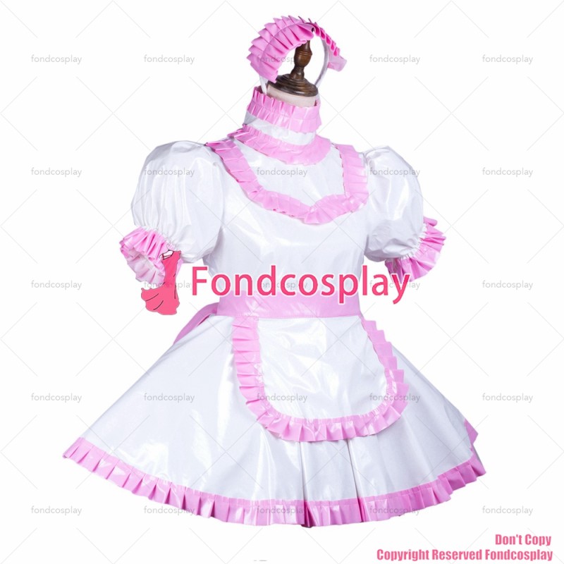 fondcosplay adult sexy cross dressing sissy maid short white thin pvc dress lockable Uniform apron costume CD/TV[G3734]