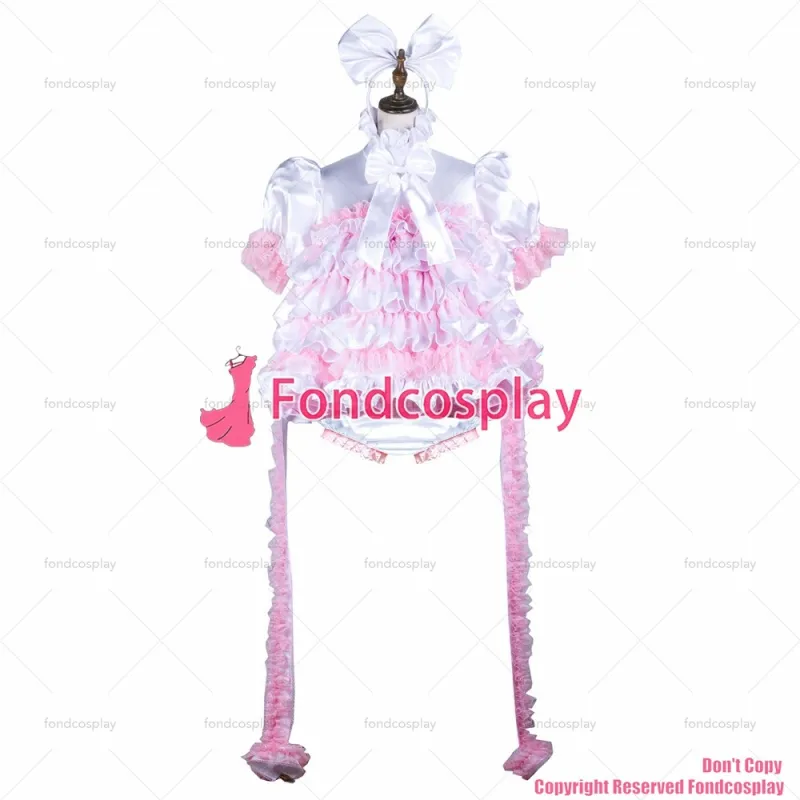 fondcosplay adult sexy cross dressing sissy maid short white satin dress lockable Uniform panties Handcuffs CD/TV[G3727]
