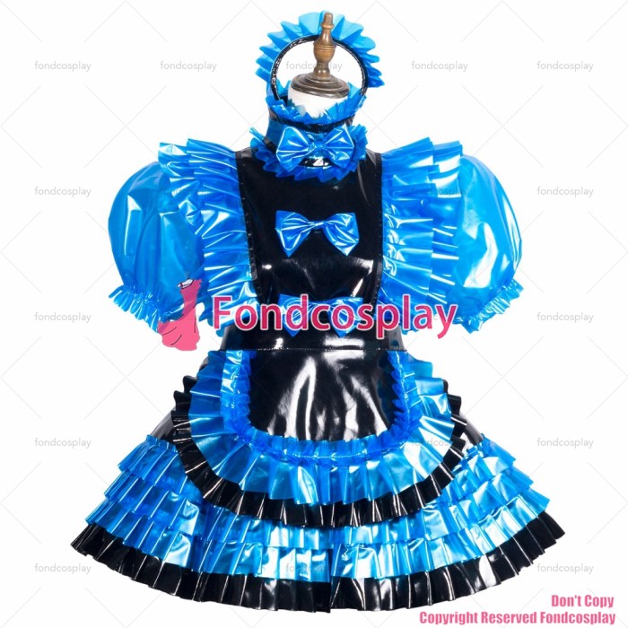 fondcosplay adult sexy cross dressing sissy maid blue clear pvc dress lockable Uniform black apron costume CD/TV[G3770]