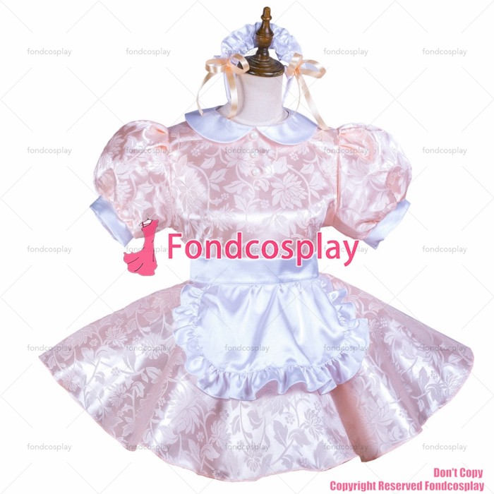 fondcosplay adult sexy cross dressing sissy maid short pink satin dress lockable Uniform white apron costume CD/TV[G3710]