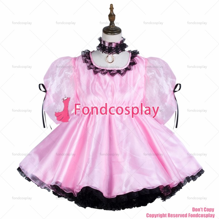 fondcosplay adult sexy cross dressing sissy maid short baby pink satin dress lockable Uniform cosplay costume CD/TV[G3730]