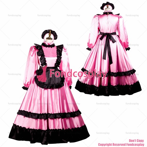 fondcosplay adult sexy cross dressing sissy maid long pink satin dress lockable Uniform black apron costume CD/TV[G3735]