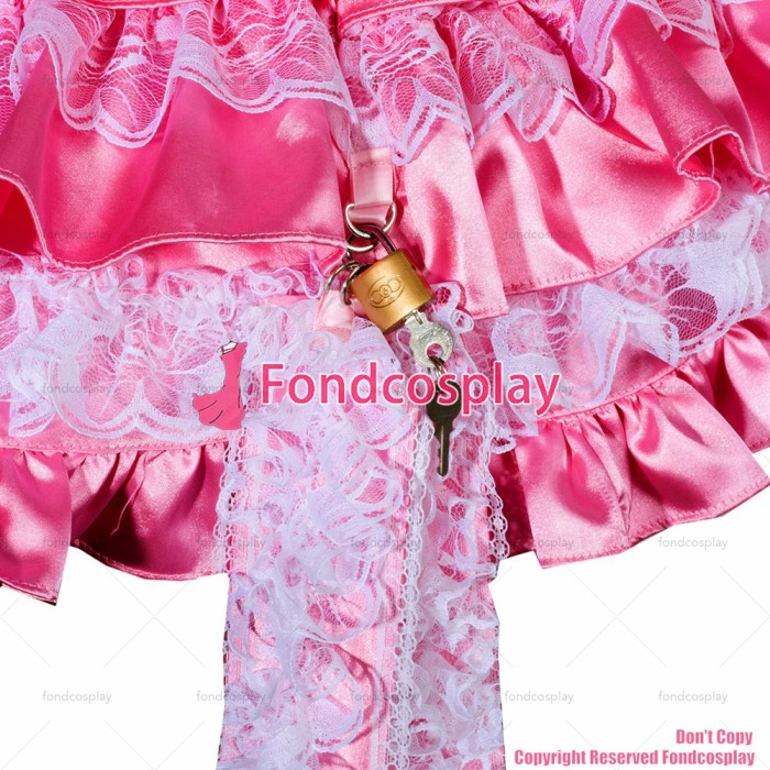fondcosplay adult sexy cross dressing sissy maid short pink satin dress lockable Uniform Handcuffs CD/TV[G3760]