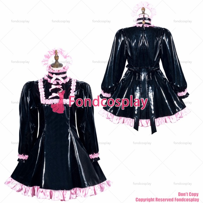 fondcosplay adult sexy cross dressing sissy maid short black heavy pvc dress lockable Uniform cosplay costume CD/TV[G3773]