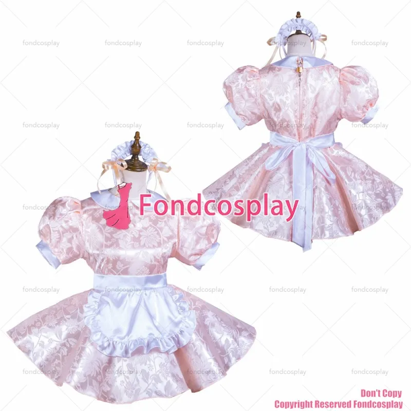 fondcosplay adult sexy cross dressing sissy maid short pink satin dress lockable Uniform white apron costume CD/TV[G3710]