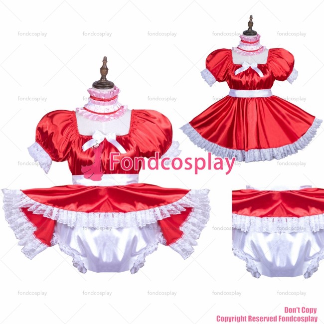 fondcosplay adult sexy cross dressing sissy maid short red satin dress lockable Uniform jumpsuits rompers CD/TV[G3754]