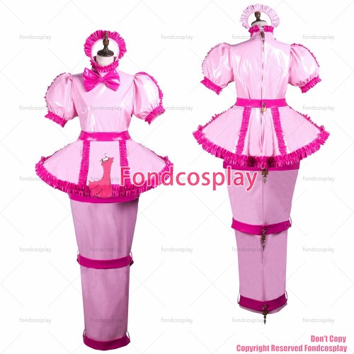fondcosplay adult sexy cross dressing sissy maid long baby pink heavy pvc dress lockable Uniform costume CD/TV[G3740]