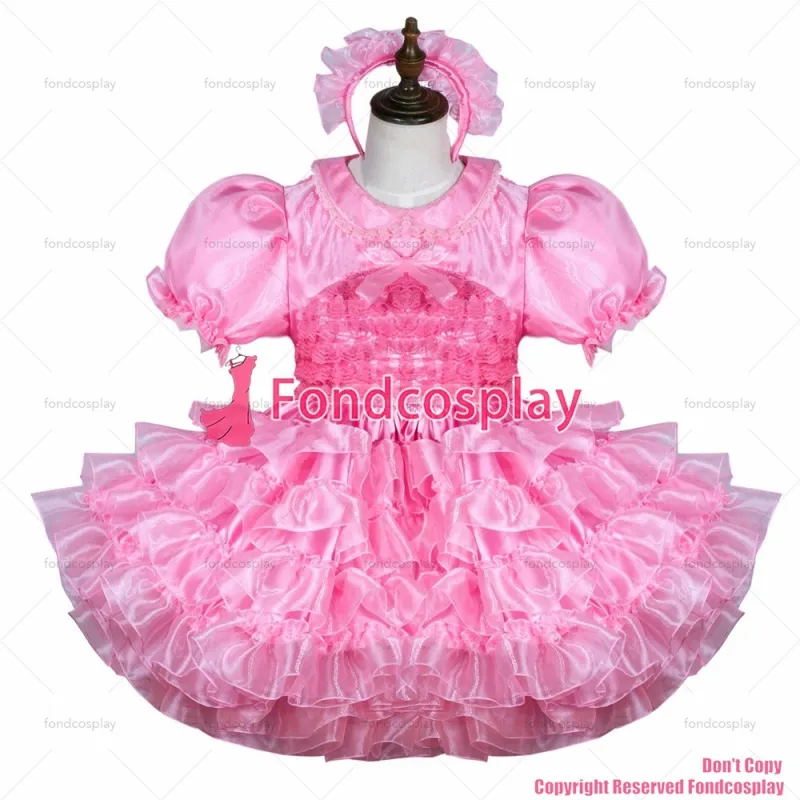 fondcosplay adult sexy cross dressing sissy maid short pink satin organza dress lockable Uniform costume CD/TV[G3748]
