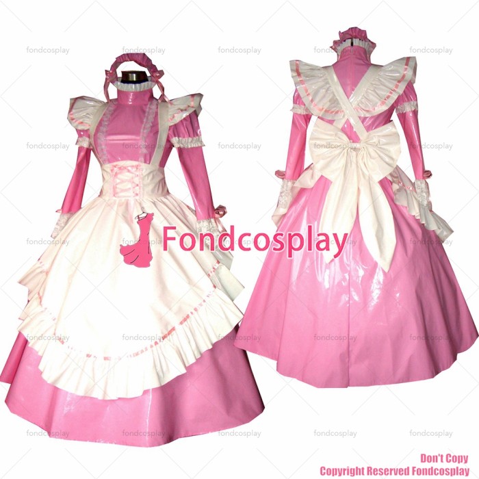 fondcosplay adult sexy cross dressing sissy maid long Pink thin Pvc Dress Lockable Uniform white apron Costume CD/TV[G317]