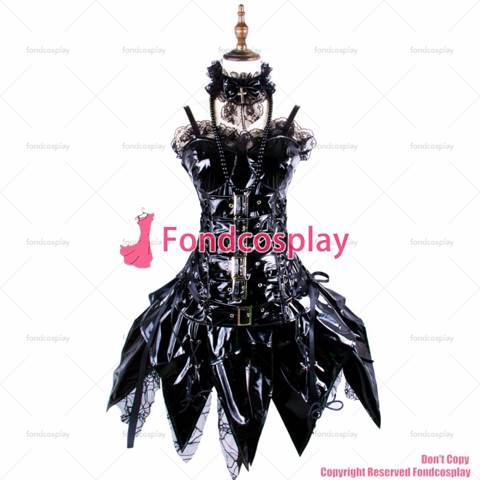 fondcosplay tripp Fashion Hiphop sexy cross dressing sissy maid Gothic Lolita Punk Black thin Pvc Outfit Dress CD/TV[G368]