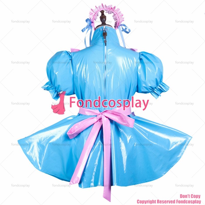 fondcosplay adult sexy cross dressing sissy maid baby blue thin pvc dress lockable panties jumpsuits rompers CD/TV[G3715]