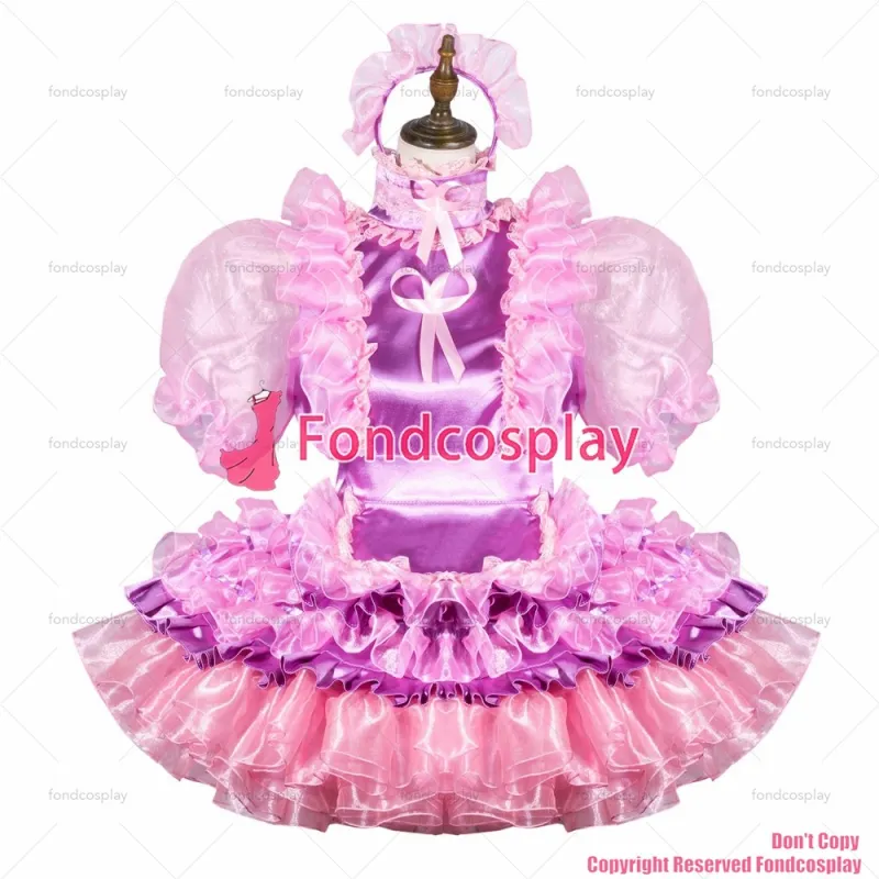 fondcosplay adult sexy cross dressing sissy maid short pink organza satin dress lockable Uniform apron CD/TV[G3799]